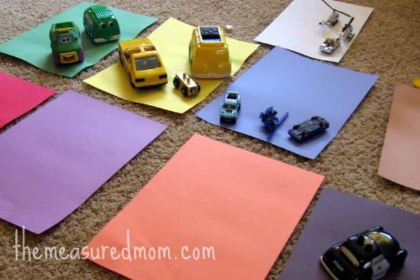 These toy car activities are great for teaching basic math skills to preschoolers. My boys loved the ramp! match cars to construction paper