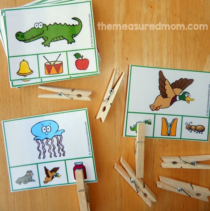 Help your child learn to hear letter sounds with these free clip cards! Get two cards for every letter, PLUS cards for words that start with sh, ch, and th.
